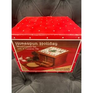 Homespun Holiday Wood Coaster Set Ceramic Tile Reindeer Tree 1984 cottage core